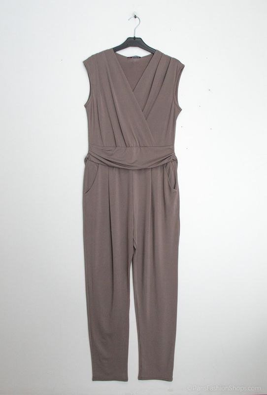 &#39;Sleeveless Jumpsuit&#39; Stretch Fabric Finish in Taupe