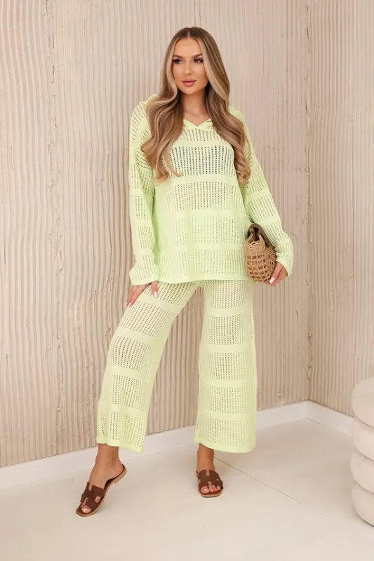 &#39;Rio&#39; Rayon Crochet Knit Hooded Set in Pistachio