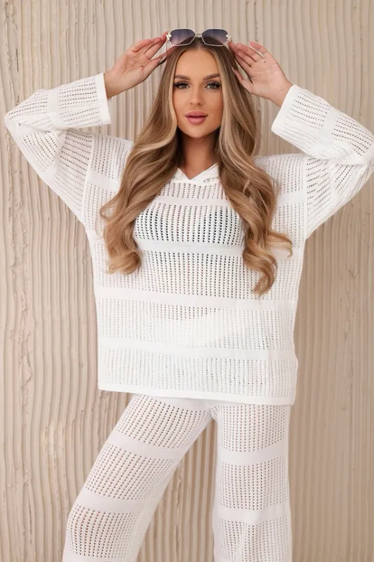 &#39;Rio&#39; Rayon Crochet Knit Hooded Set in White