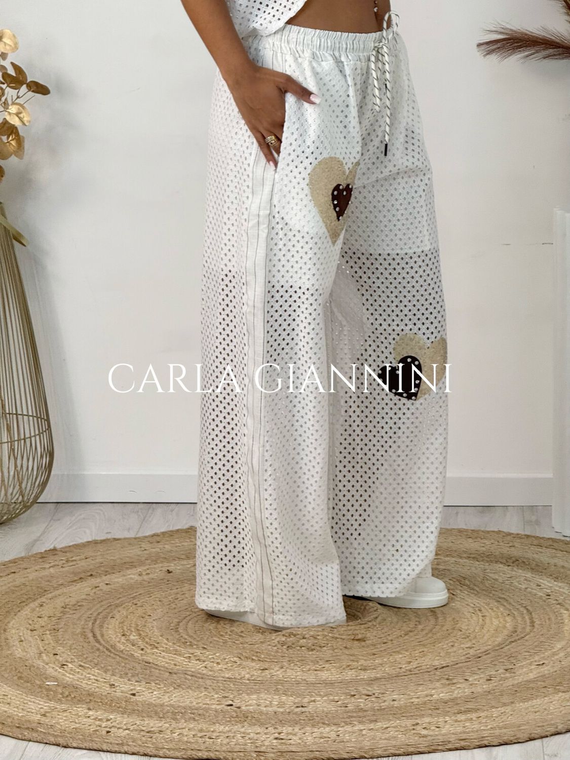 &#39;Heart of Hearts&#39; Wide Leg Summer Pants with Golden Heart Detail