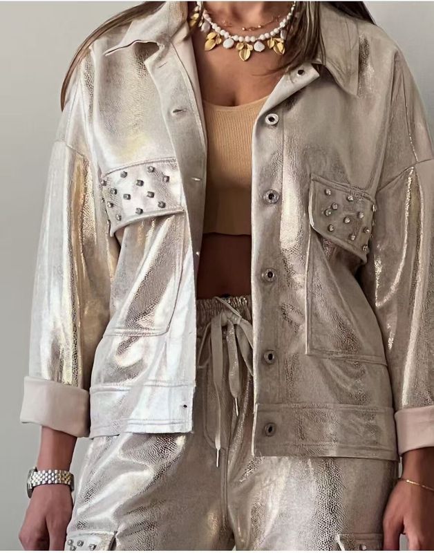 &#39;Shimmer&#39; Gold Soft Pleather Jacket with Diamonds