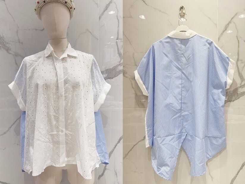 &#39;Mia&#39; Combined Print Blue &amp; White Free Size Blouse