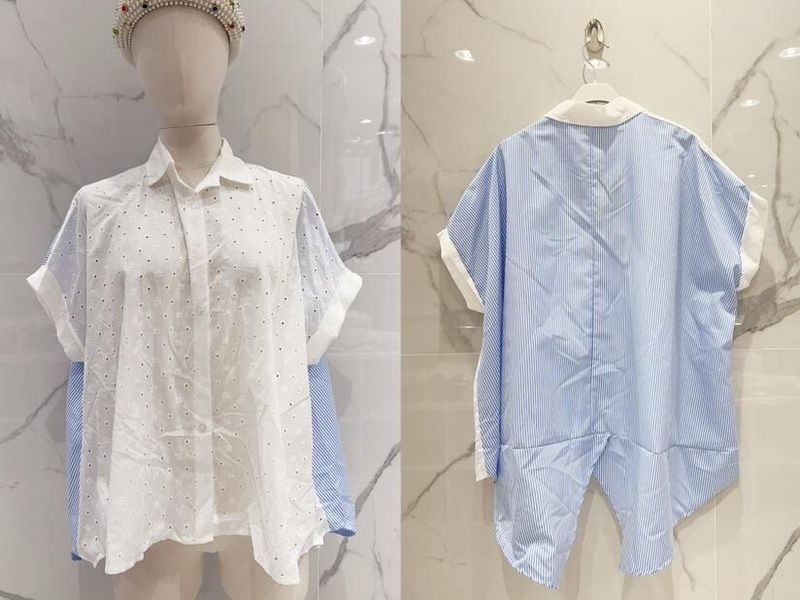 &#39;Mia&#39; Combined Print Blue &amp; White Free Size Blouse