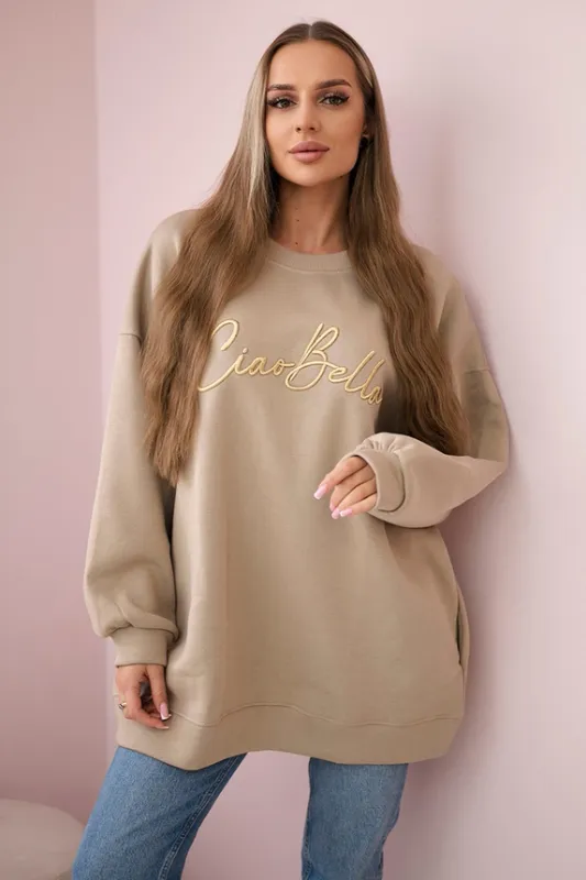 &#39;Ciao Bella&#39; Oversize Sweatshirt in Warm Beige