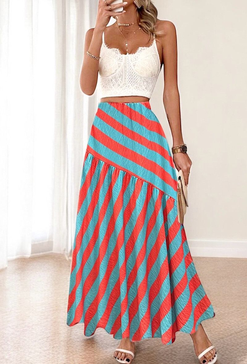 &#39;Sierra&#39; Striped Skirt in Aqua &amp; Orange
