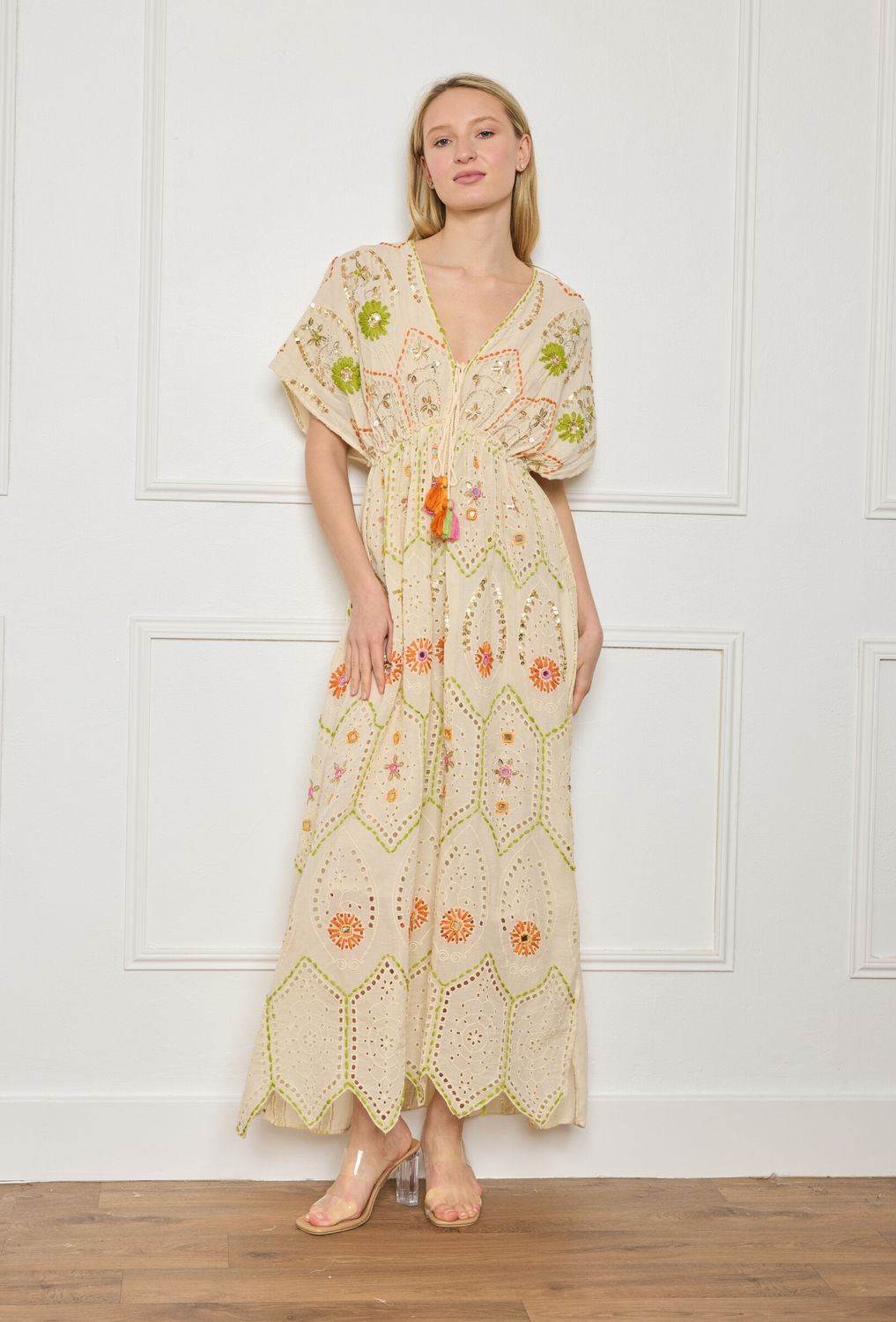 &#39;Boho Chic&#39; Dress in Beige with Orange &amp; Green Detail