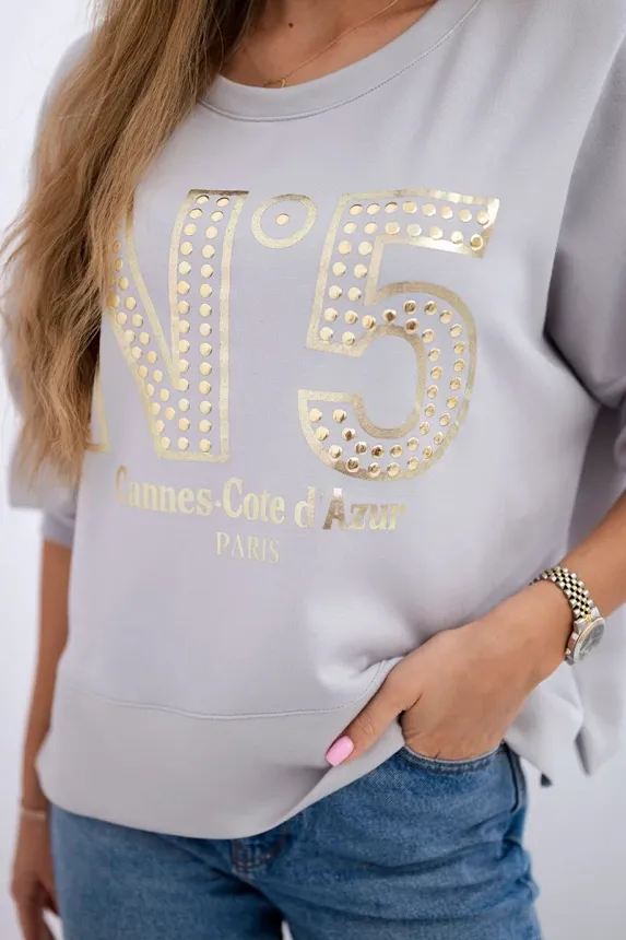 &#39;No.5&#39; Buttery Fabric Sweatshirt in Light Grey