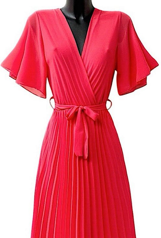&#39;Alira&#39; Gentle Pleat Dress in Vibrant Coral Pink