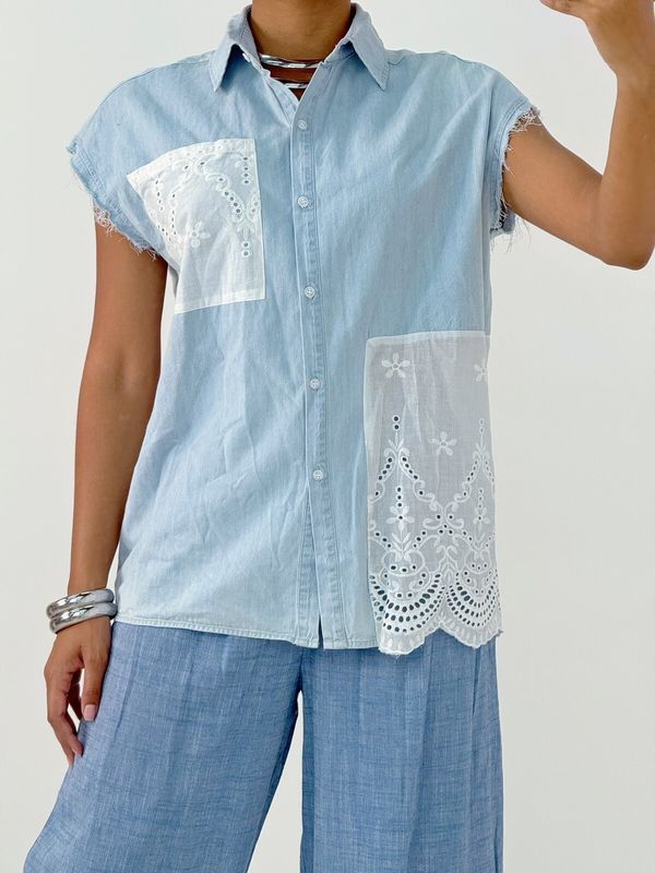 &#39;Aura&#39; Light Denim &amp; Lace Shirt