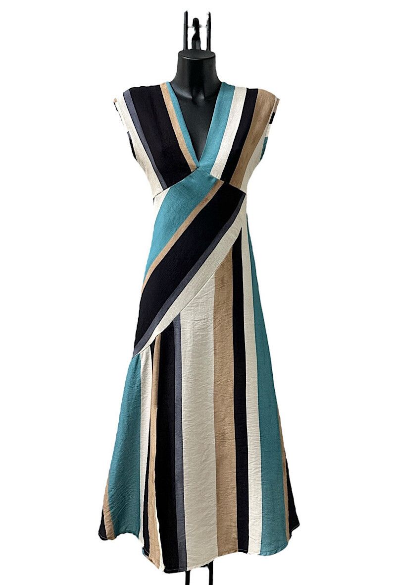 &#39;Sara&#39; Stripped Dress in Teal, Black &amp; Beige