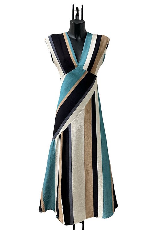 &#39;Sara&#39; Stripped Dress in Teal, Black &amp; Beige