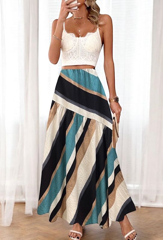 &#39;Sara&#39; Stripped Skirt in Black, Teal &amp; Beige