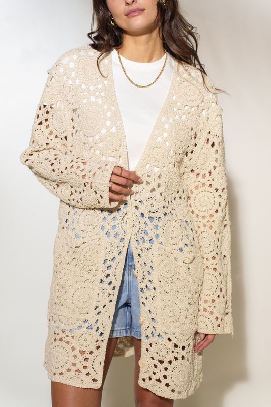 &#39;Louisa&#39; Longer Length Lace Cardigan in Beige