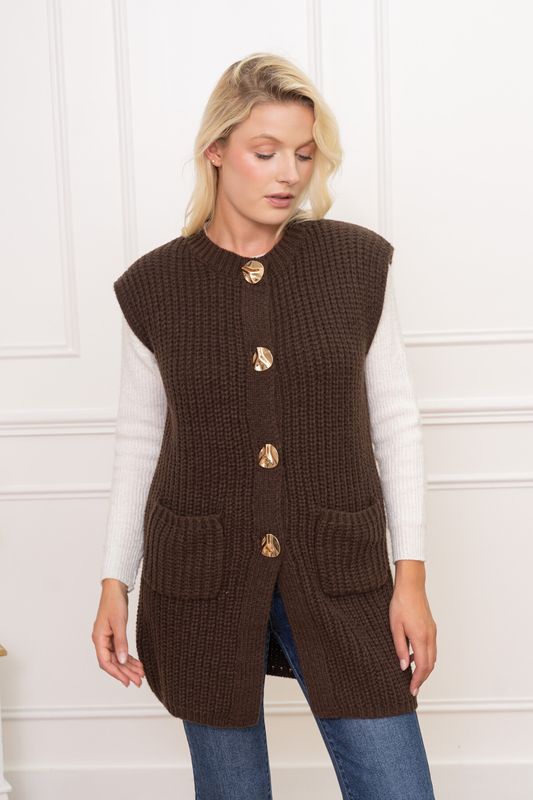 &#39;Alexandra&#39; Long Knit Waistcoat with Gold Buttons in Burgundy