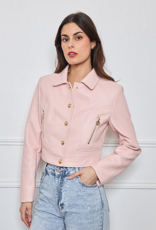 &#39;Celine&#39; Faux Leather Jacket in Chocolate Light Pink