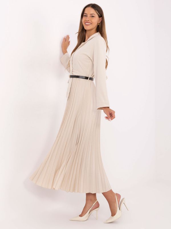 &#39;Abigail&#39; Gently Pleated Dress with Belt Finish in Light Beige
