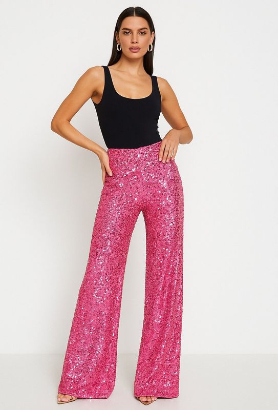 &#39;Simply Sparkle&#39; Wide Leg Sequin Pants in Pink