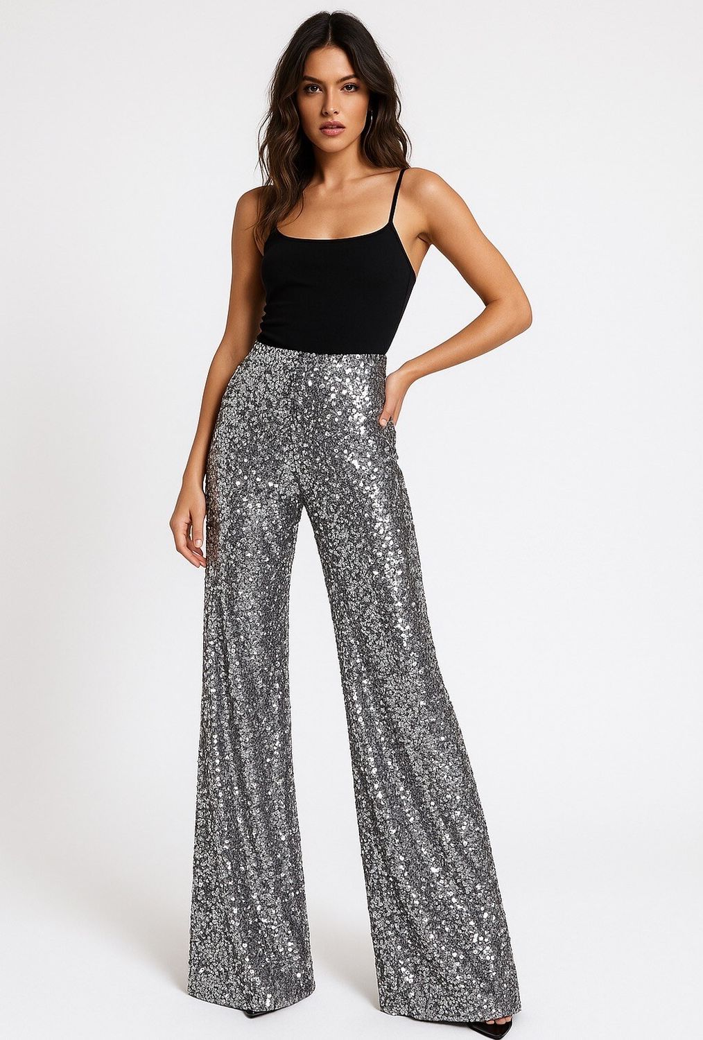 &#39;Simply Sparkle&#39; Wide Leg Sequin Pants in Silver Grey