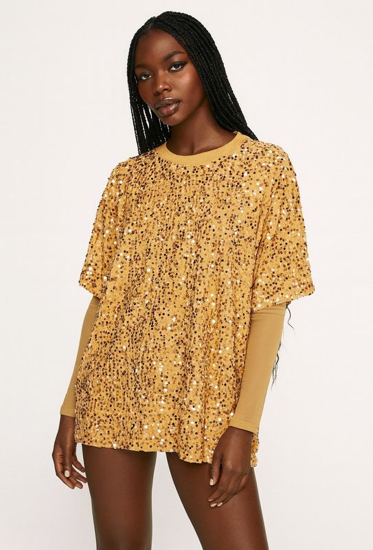 &#39;Sheri&#39; Sequin T-shirt with Sheer Under Sleeve in Taupe
