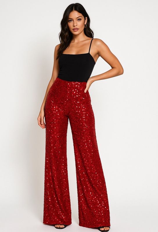 &#39;Simply Sparkle&#39; Wide Leg Sequin Pants in Red