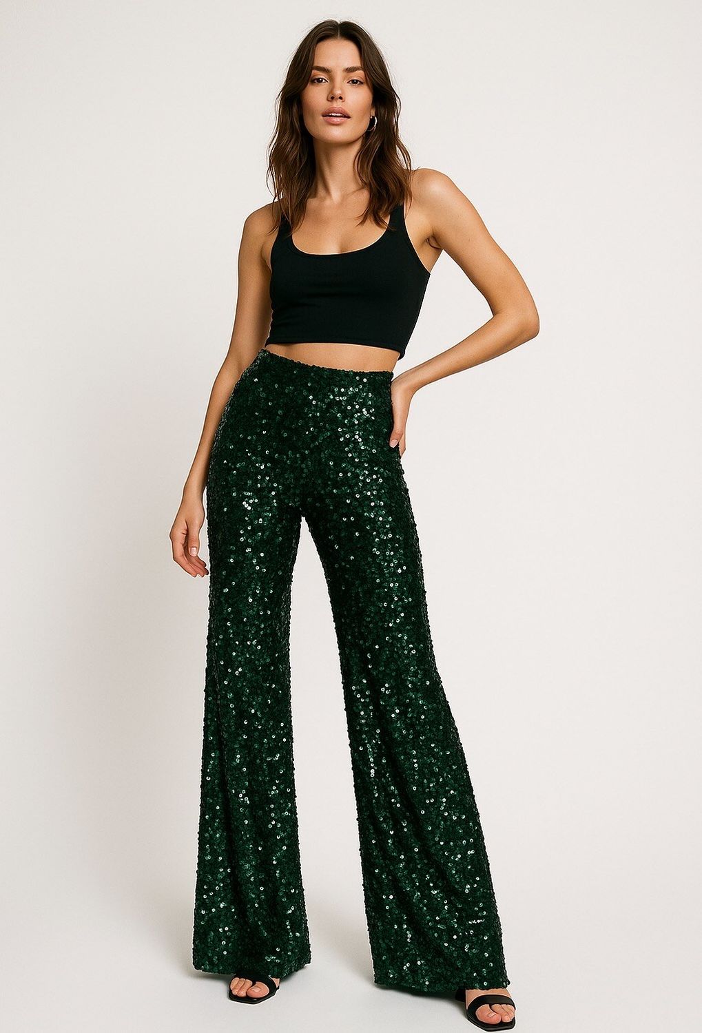 &#39;Simply Sparkle&#39; Wide Leg Sequin Pants in Bottle Green