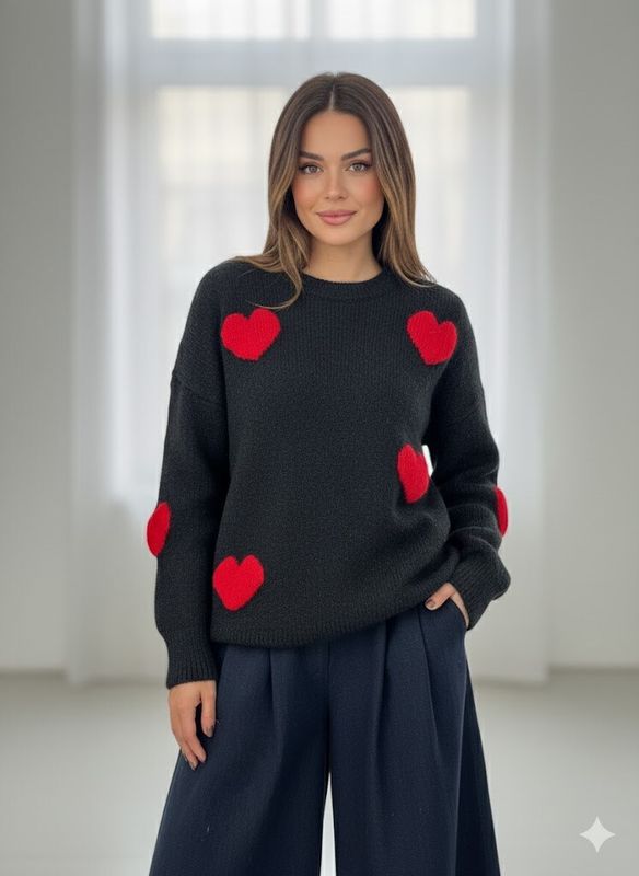 &#39;Heart of Hearts&#39; Knit Sweater in Black with Red Hearts