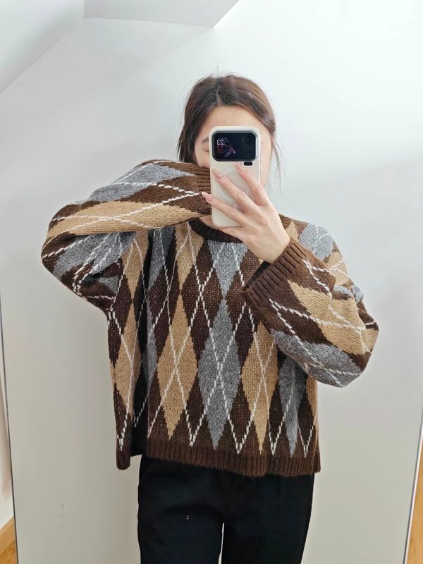 &#39;Diamonds&#39; Knit Sweater in Brown, Grey &amp; Beige