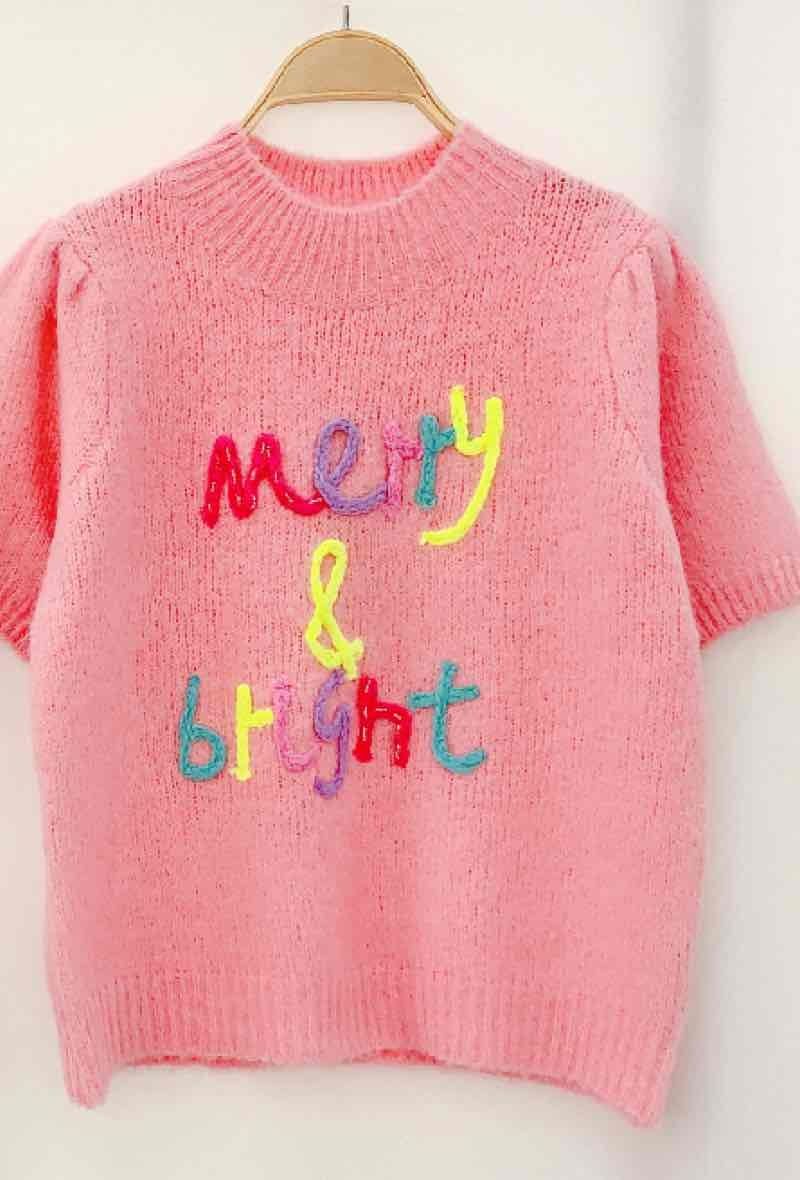 &#39;Merry &amp; Bright&#39; Short Sleeve Sweater in Light Pink
