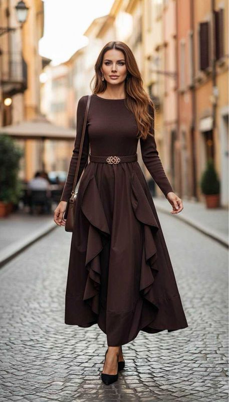 &#39;Sofia&#39; Belted Dress in Coco Brown