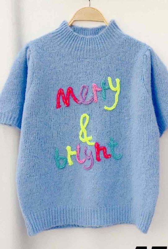 &#39;Merry &amp; Bright&#39; Short Sleeve Sweater in Blue