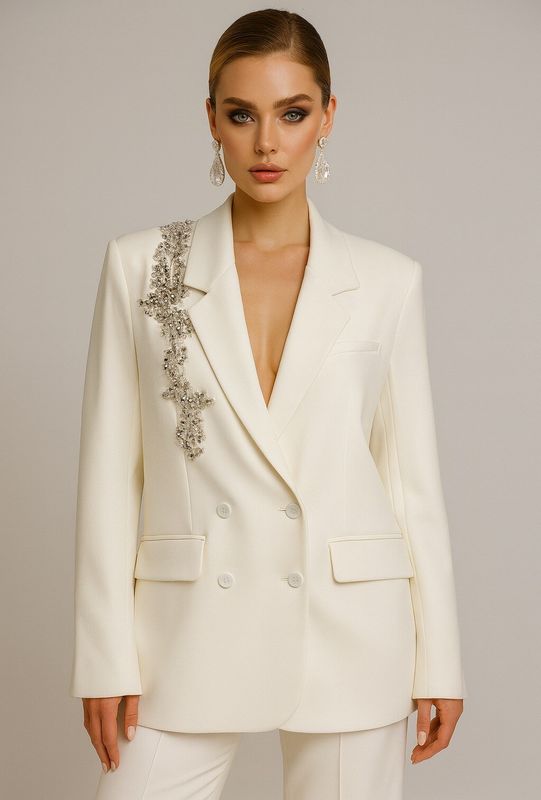 &#39;Alexandra&#39; Over size Blazer with Shoulder Embellishment in Winter White