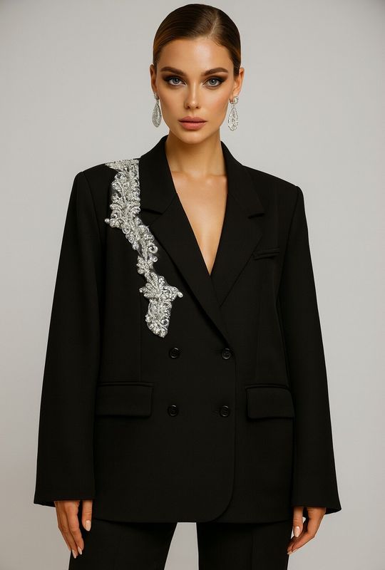 &#39;Alexandra&#39; Over size Blazer with Shoulder Embellishment in Black