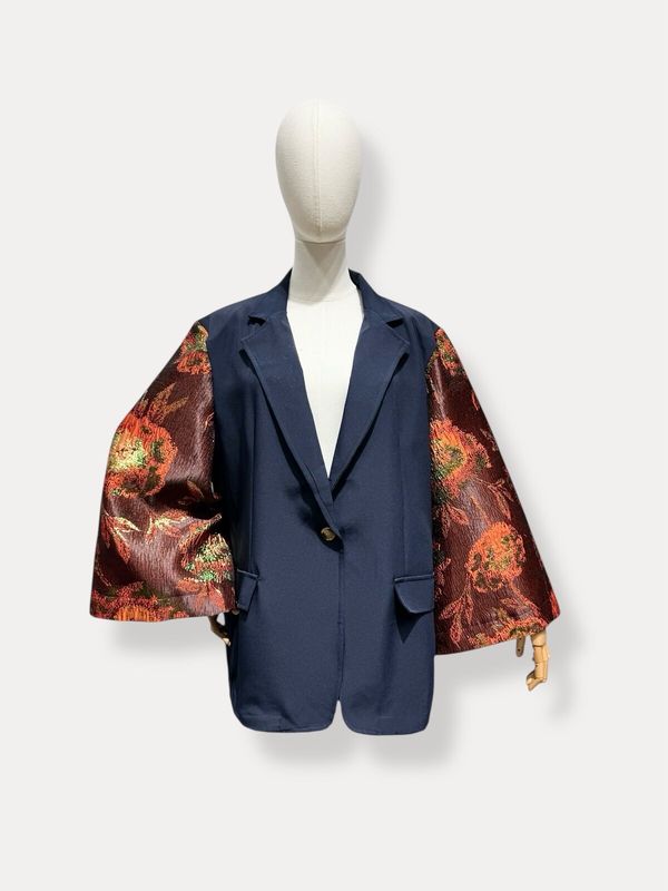 &#39;Jacquard&#39; Bi-material Blazer in French Navy