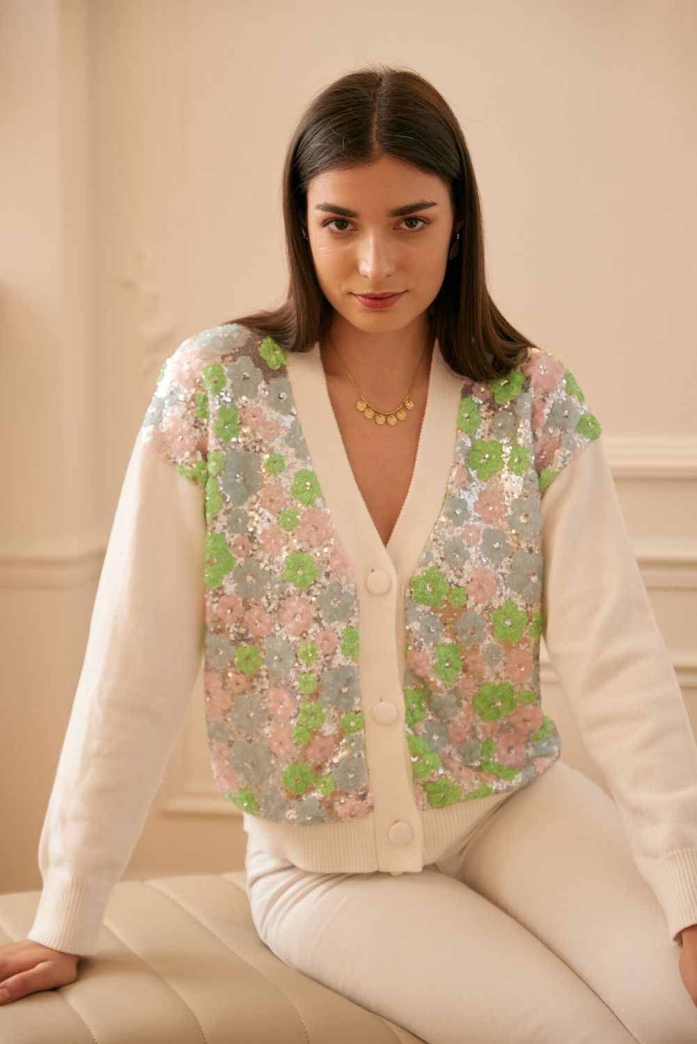 &#39;Pastel Shimmer&#39; Pink Soft Cardigan with Sequin Front