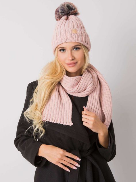 &#39;Pom Pom&#39; Hat &amp; Scarf Set in Dusky Pink