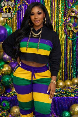Mardi Gras Crop Top Hoodie + Joggers Set: Black