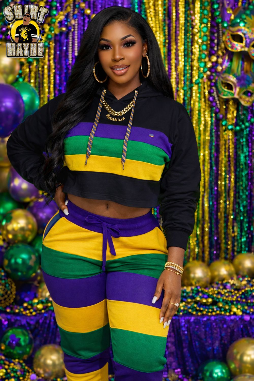 Mardi Gras Crop Top Hoodie + Joggers Set: Black