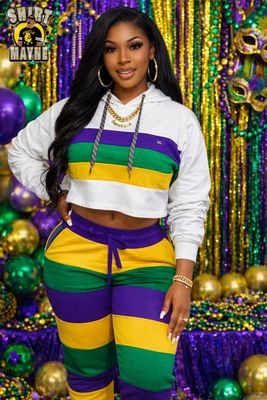 Mardi Gras Crop Top Hoodie + Joggers Set 