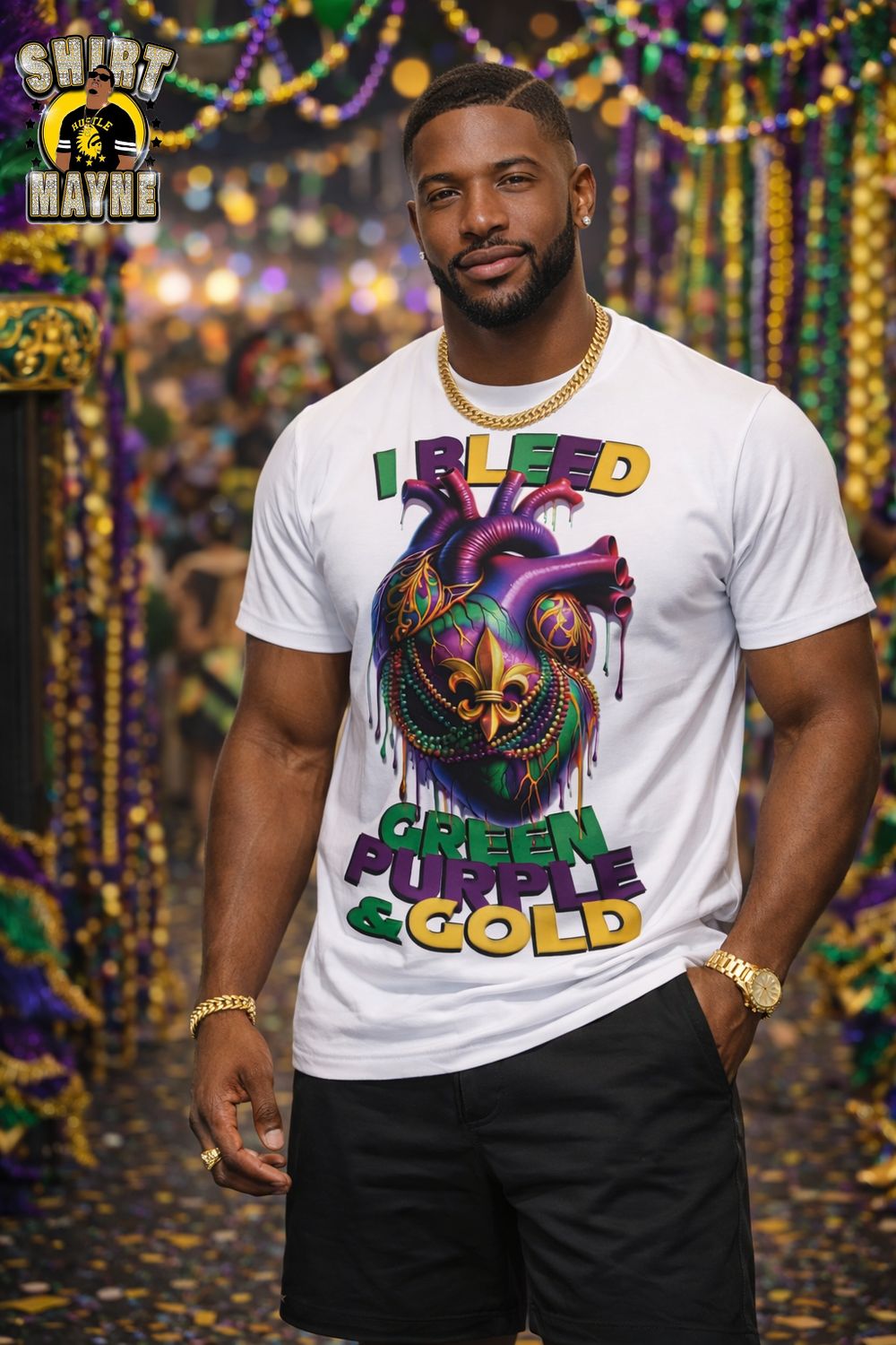 I Bleed Green, Purple &amp; Gold Mardi Gras Shirt
