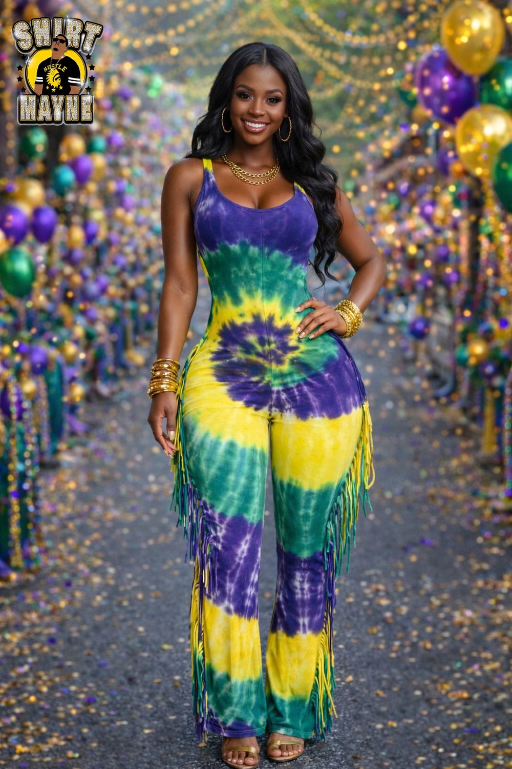 Mardi Gras Tie Dye Fringe Jumpsuit