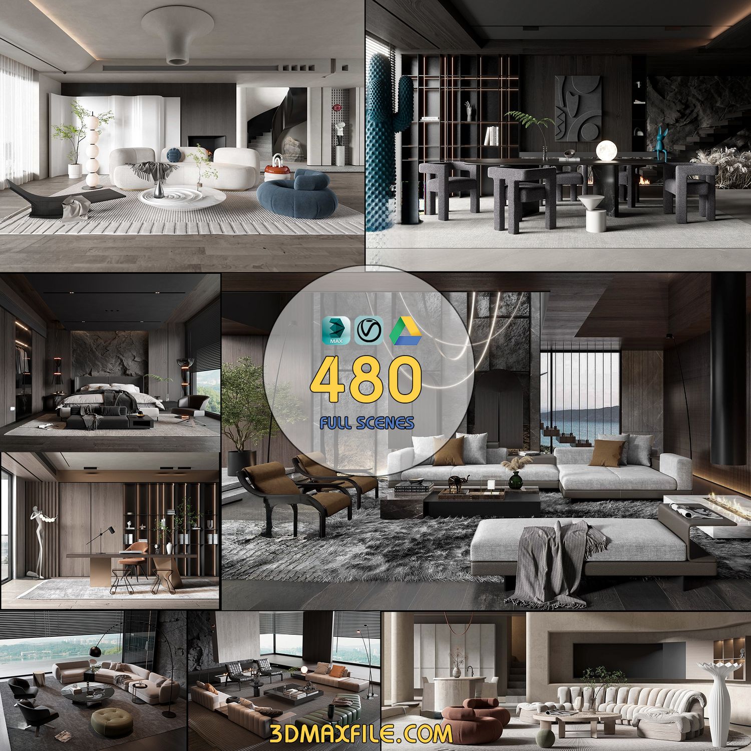 3ds Max + V-Ray | 480+ Premium Full Interior Scenes Vol 31 (Living, Bedroom, Kitchen, Dining, Home office, Tea Room)
