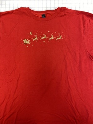 (L) Reindeer Sleigh in Gold Glitter - Red Long Sleeve