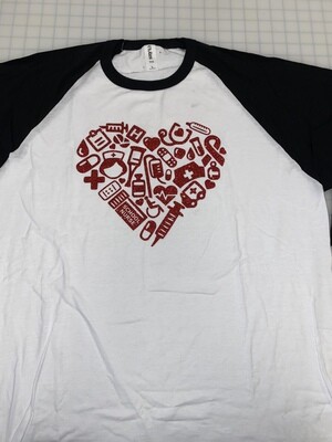(L) School Nurse Heart in Red Glitter - White w/ Black Sleeves Raglan *gray spot above top right of heart*