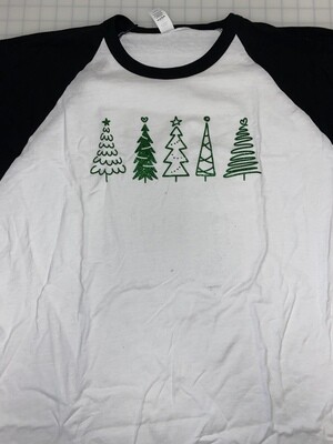 (L) Christmas Trees in Green Glitter - White w/ Black Sleeves Raglan