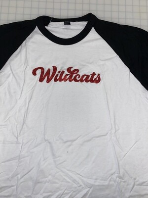(L) Wildcats in Red Glitter - White w/ Black Sleeves Raglan