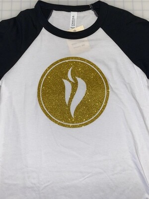 (XS) Flame in Gold Glitter - White w/ Black Sleeves Raglan