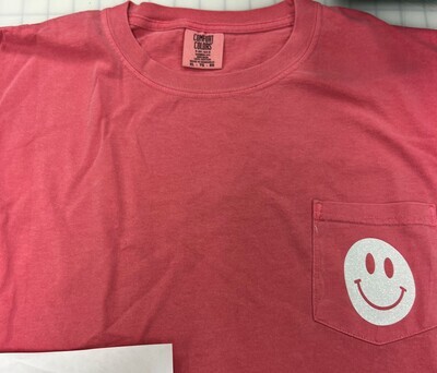 (XL)  Pocket Smiley Face Glitter White   - Long Sleeve Pink