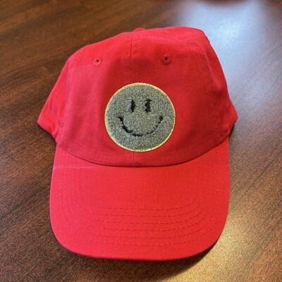 Grey Smiley Patch on Red Cap