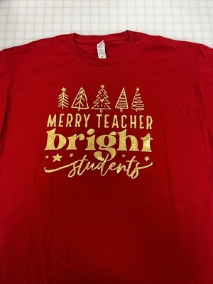 (XL) Merry Teacher Metallic Gold - Short Sleeve Red