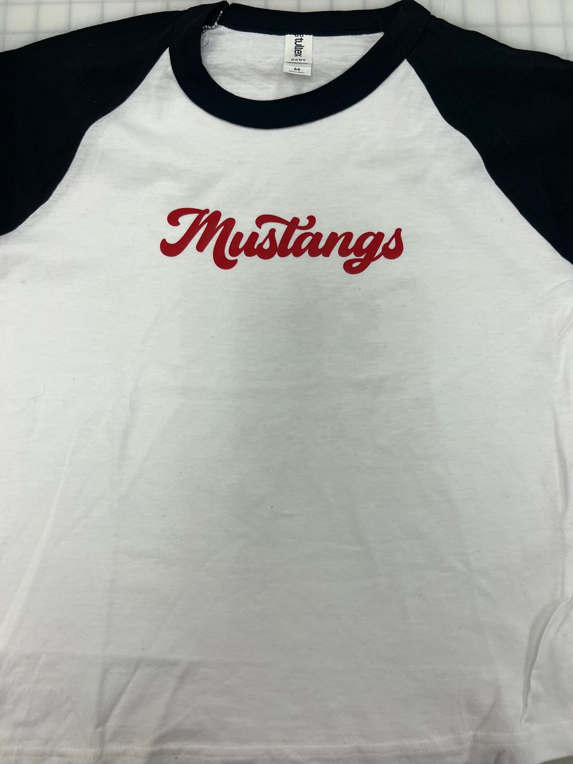 (Youth Medium) Mustangs - White w/ Black Sleeves Raglan